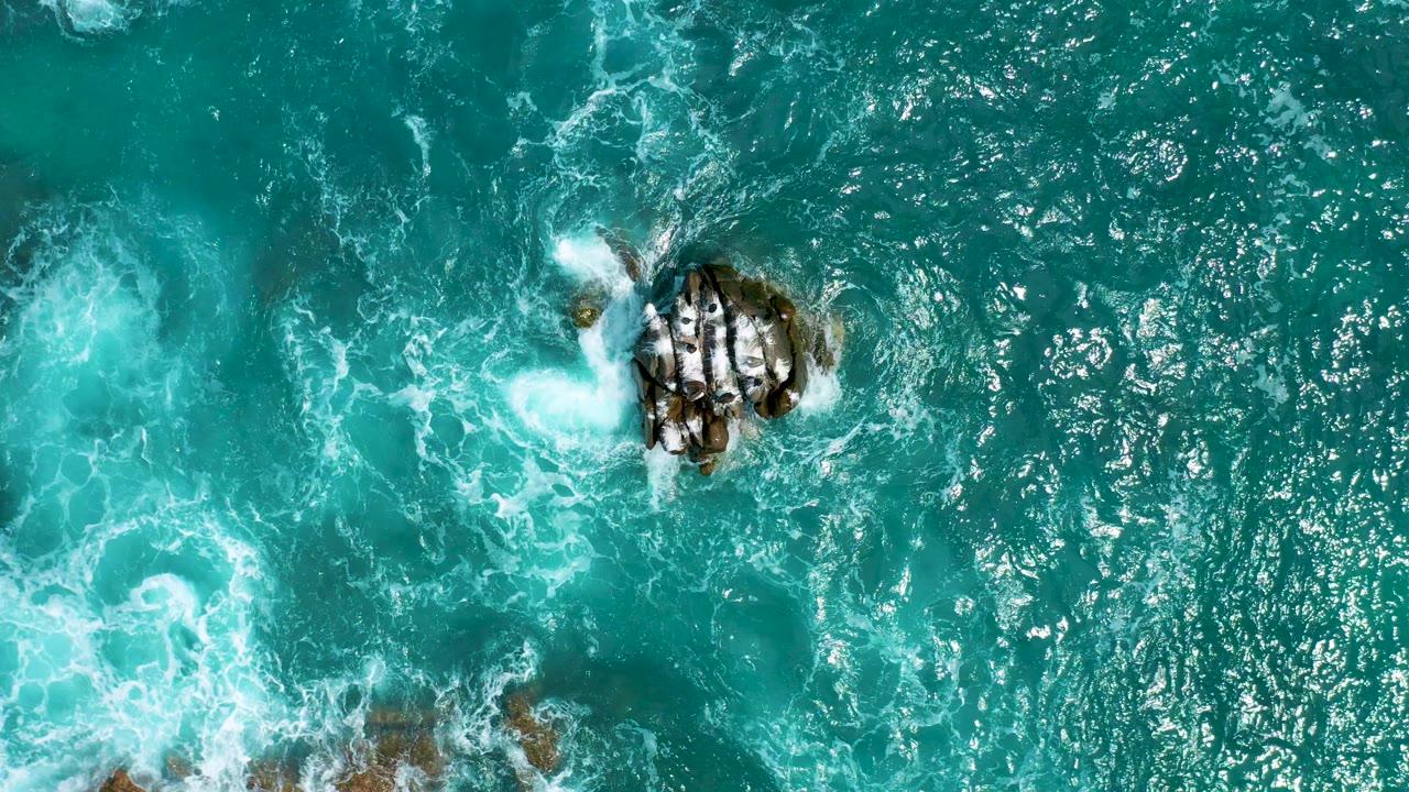 Straight-down aerial view of teal ocean at Secrets Marquis Los Cabos in Mexico, with white surf curling around a dark rocky outcrop and no visible people.