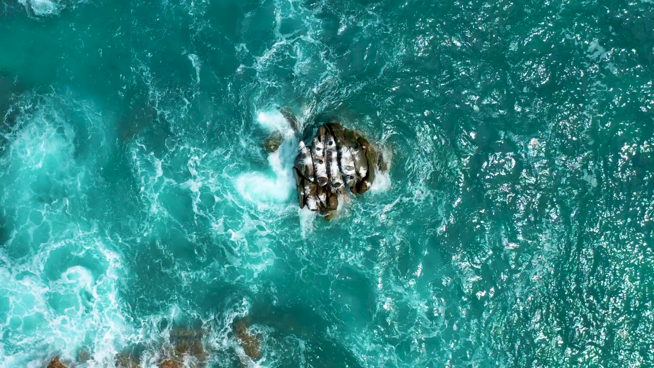 Overhead drone-style frame of green-blue water at Secrets Marquis Los Cabos in Mexico, with foam spreading wider around the central rocks and no visible people.