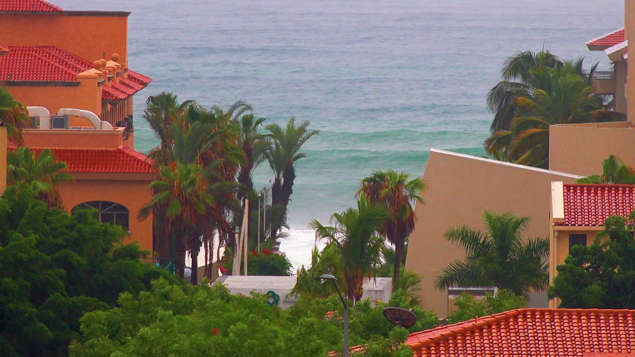 San Jose del Cabo coastal homes with red tile roofs and palms in front of a blue-gray sea, with no visible people.