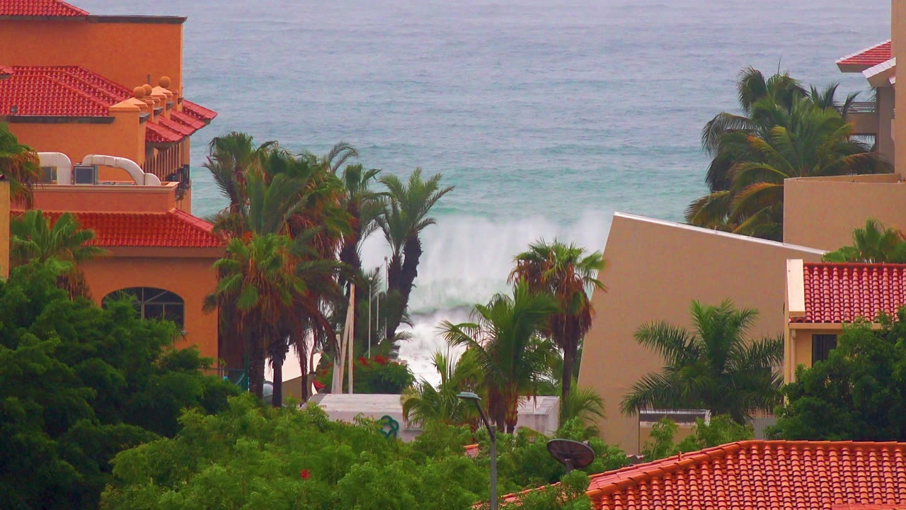 San Jose del Cabo rental exteriors framed by dense palms and red tile roofs, with a wider band of white surf behind the property and no visible people.