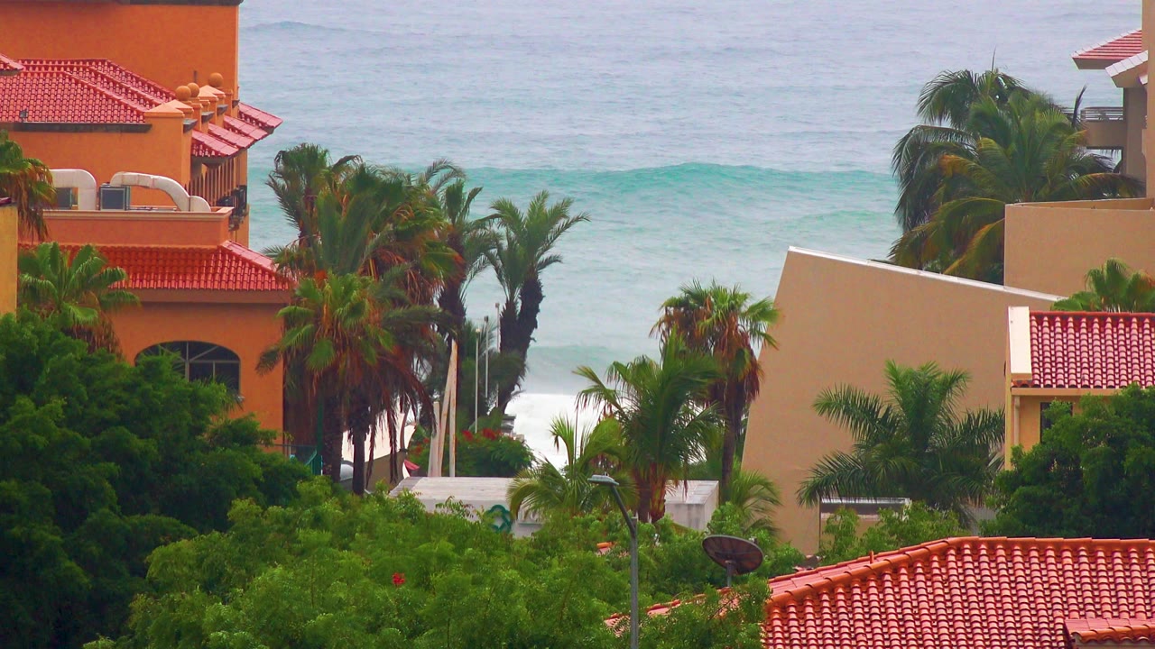 San Jose Del Cabo beach community view with tan walls, terracotta roof edges, palms, and a low band of surf behind them, with no visible people.