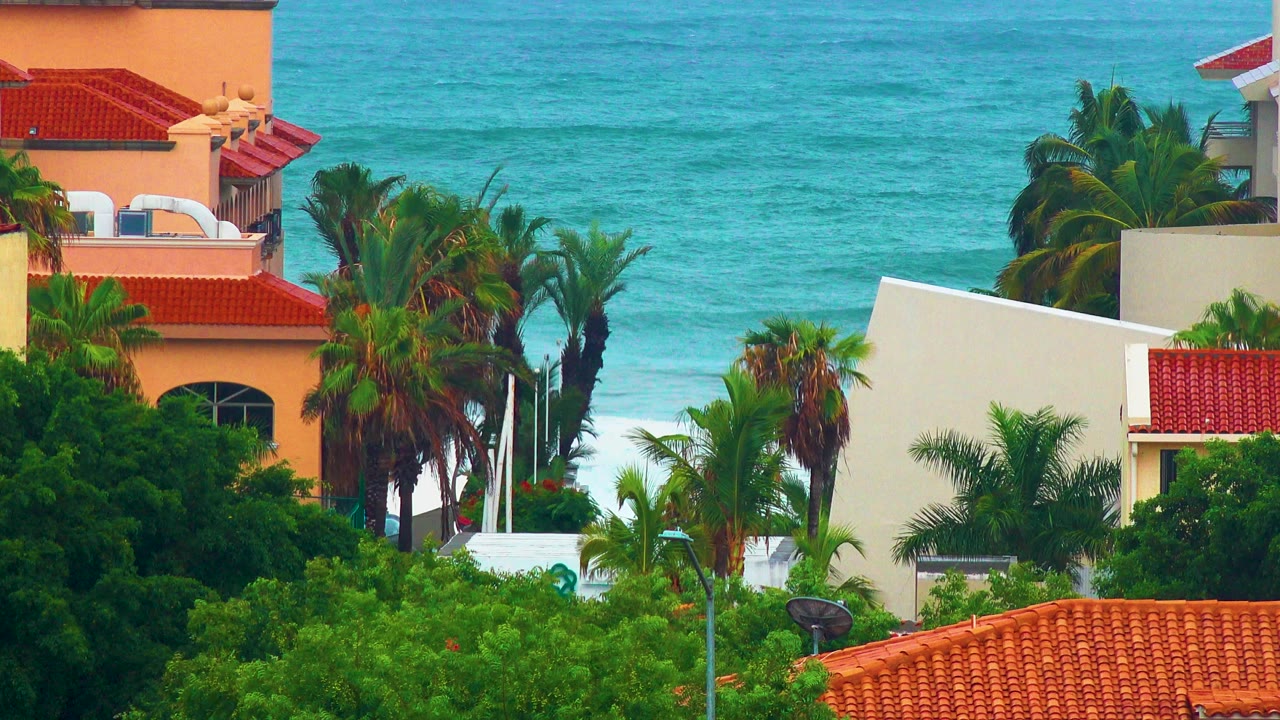 Opening frame of San Jose del Cabo rooftops and palms with turquoise surf behind them, no visible people.
