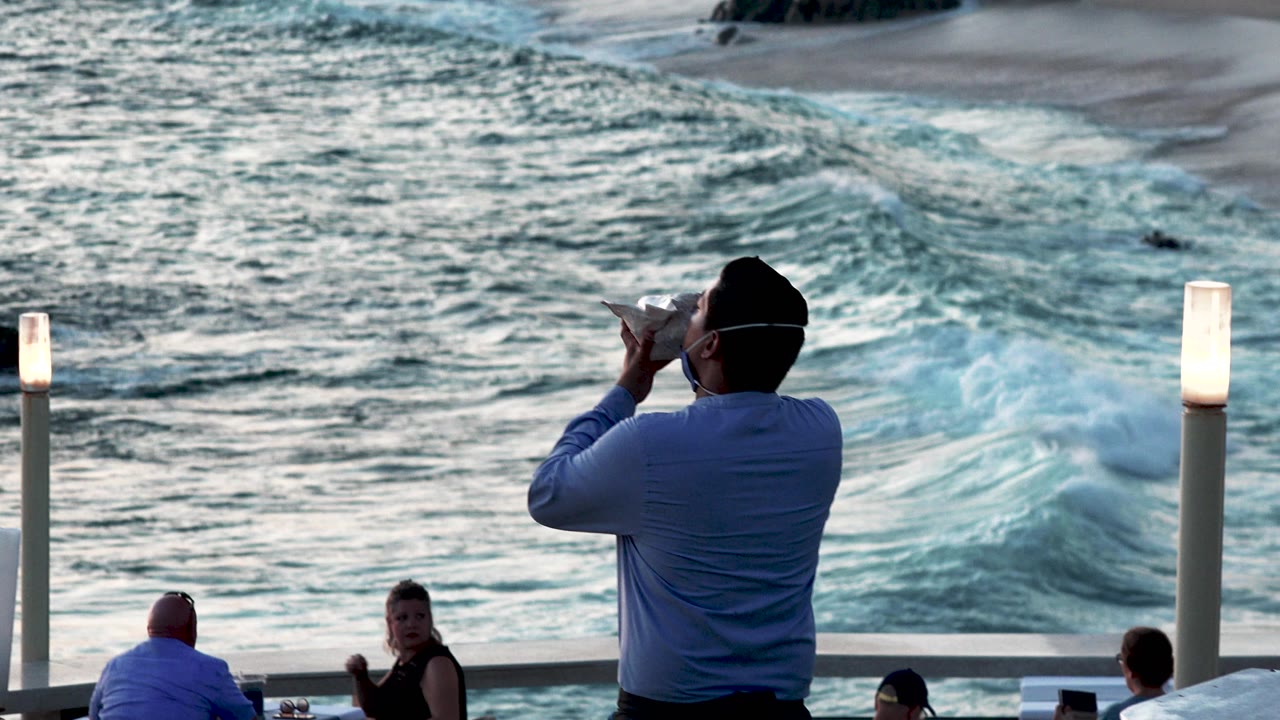 Beachside performer facing waves with seated visitors nearby
