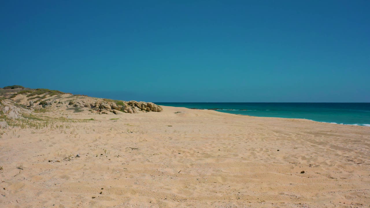 El Cardoncito shoreline holds a broad strip of empty sand, scrubby dunes along the left side, turquoise water to the right, and no visible people.
