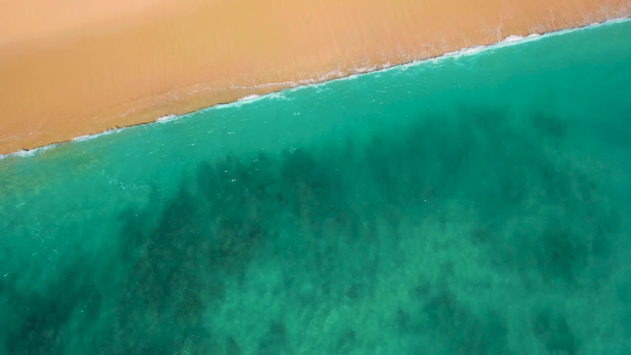 Top-down view of El Cardoncito shoreline with tan beach at the top, blue-green water below, darker submerged patches, and no visible people.