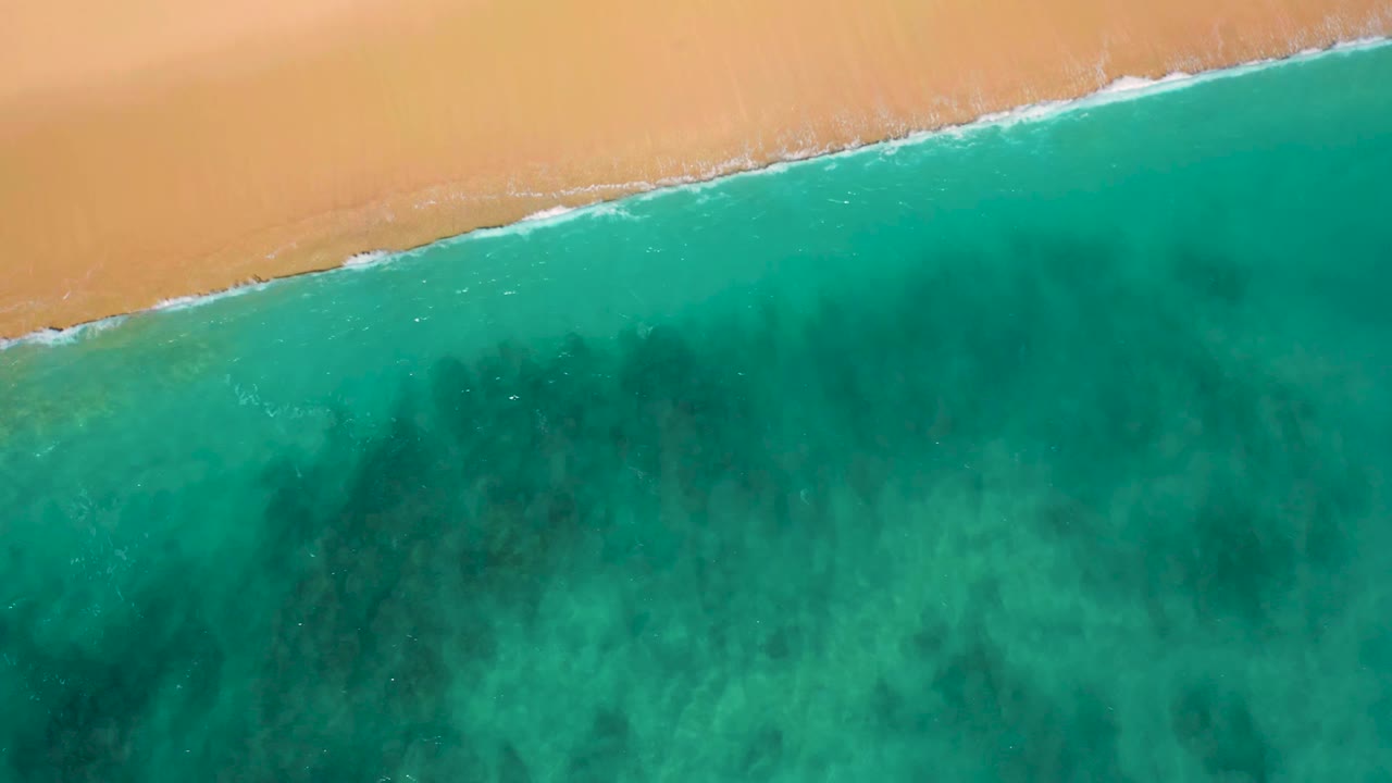 El Cardoncito beach appears from above with a narrow white foam edge, tan sand across the upper frame, green-blue water below, and no visible people.
