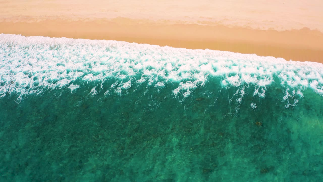 Top-down El Cardoncito shoreline frame with a broad white foam band beneath smooth tan sand and textured green ocean water below, with no visible people.