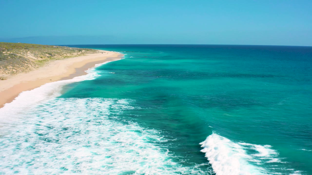 Wide aerial view of the El Cardoncito shoreline, where a bright wave crest crosses the lower right water and the beach curves into low vegetation, with no visible people.