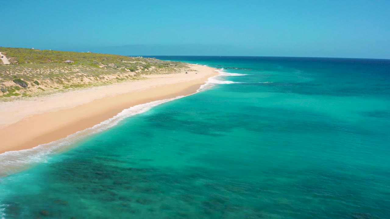 Aerial frame over El Cardoncito, Baja California Sur, Mexico, showing turquoise ocean in the foreground, a pale sandy beach, low coastal vegetation, clear blue sky, and no visible people.