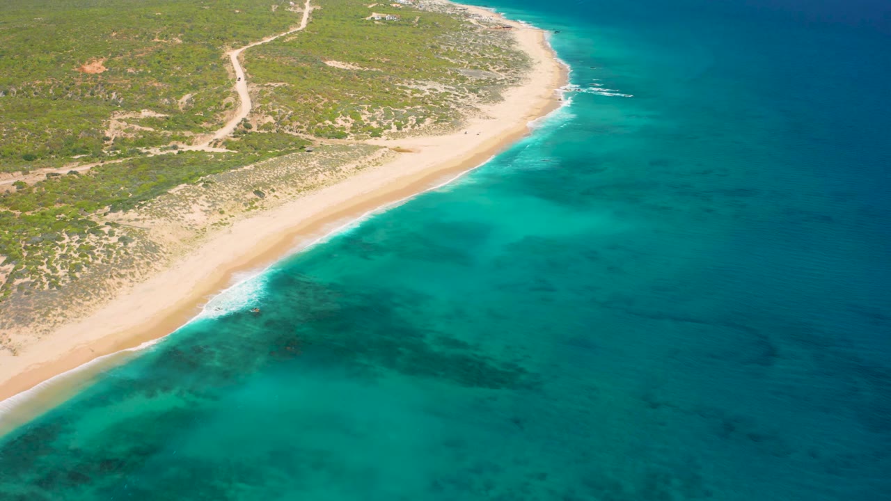 Aerial view of El Cardoncito coastline with the beach curving across the frame, blue-green water filling the lower right, inland dirt tracks visible, and no visible people.