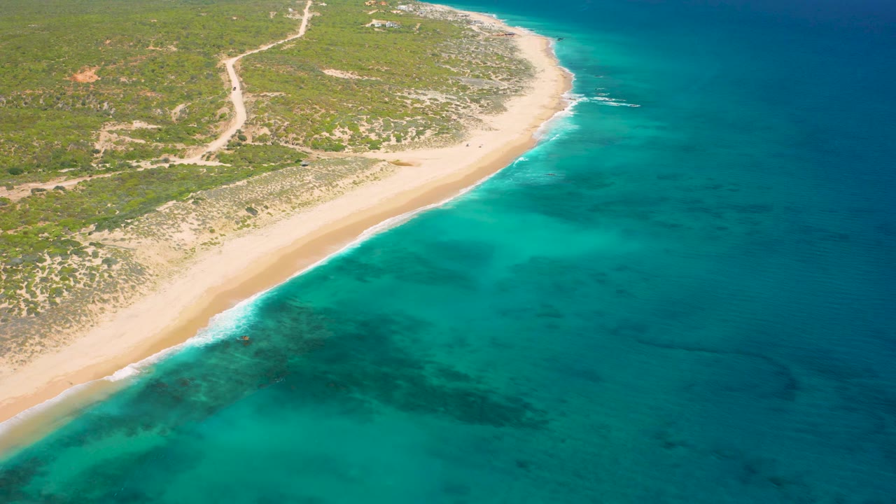 Aerial frame over El Cardoncito showing a broad sweep of turquoise water, pale sand, scrub-covered inland terrain, and a visible dirt path reaching toward the coast with no visible people.