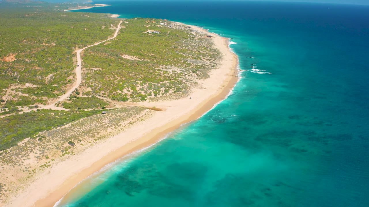 Aerial view over El Cardoncito with white surf touching the curved beach, green scrubland on the left, a narrow inland road, open ocean to the right, and no visible people.