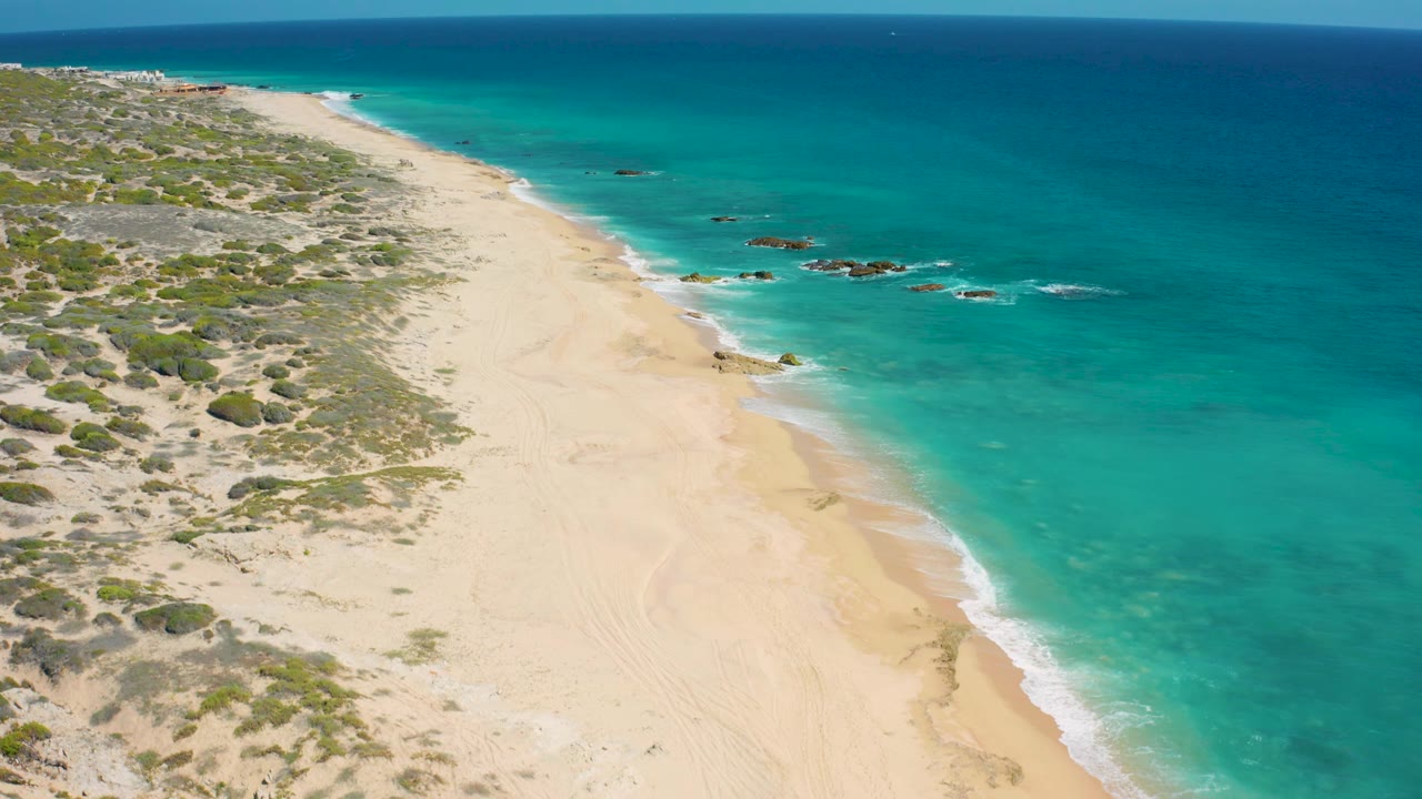 High coastal view at El Cardoncito showing the surf line tracing the beach, low vegetation spreading across the dunes, scattered rocks offshore, and no visible people.