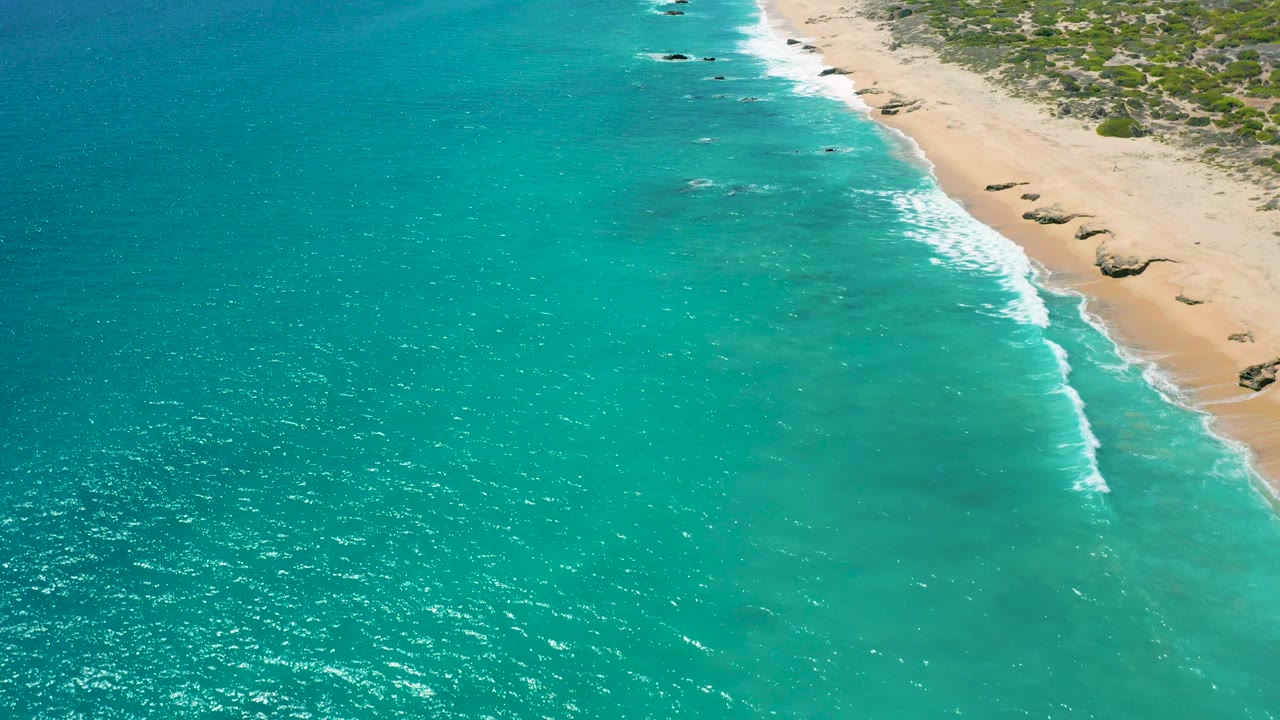 Aerial view over El Cardoncito, Baja California Sur, with turquoise water filling the frame, pale sand at the upper right, low vegetation beyond the beach, and no visible people.