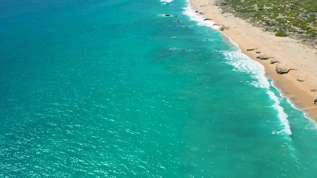 Aerial view of the El Cardoncito shoreline with turquoise ocean across the left and lower frame, foamy waves touching the sandy beach at right, scrub vegetation above, and no visible people.