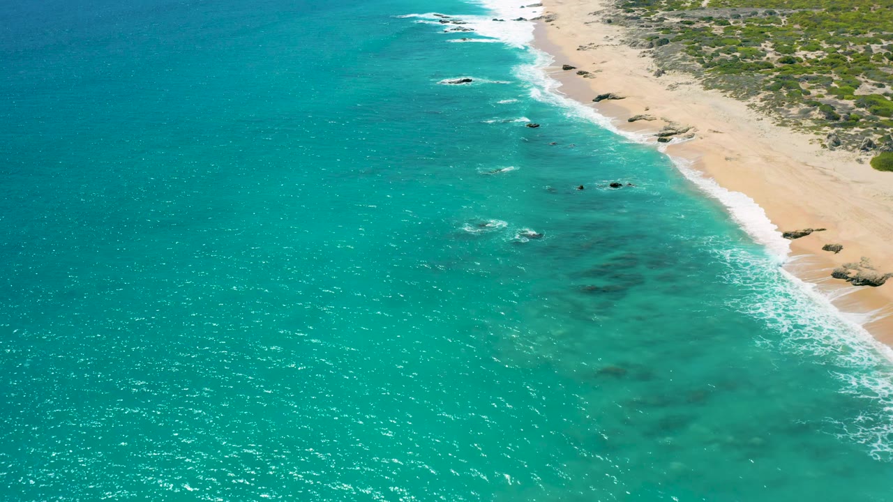 A wider aerial frame over El Cardoncito, Baja California Sur, where open turquoise water dominates the foreground and the sandy beach with green coastal scrub runs along the upper right, with no visible people.