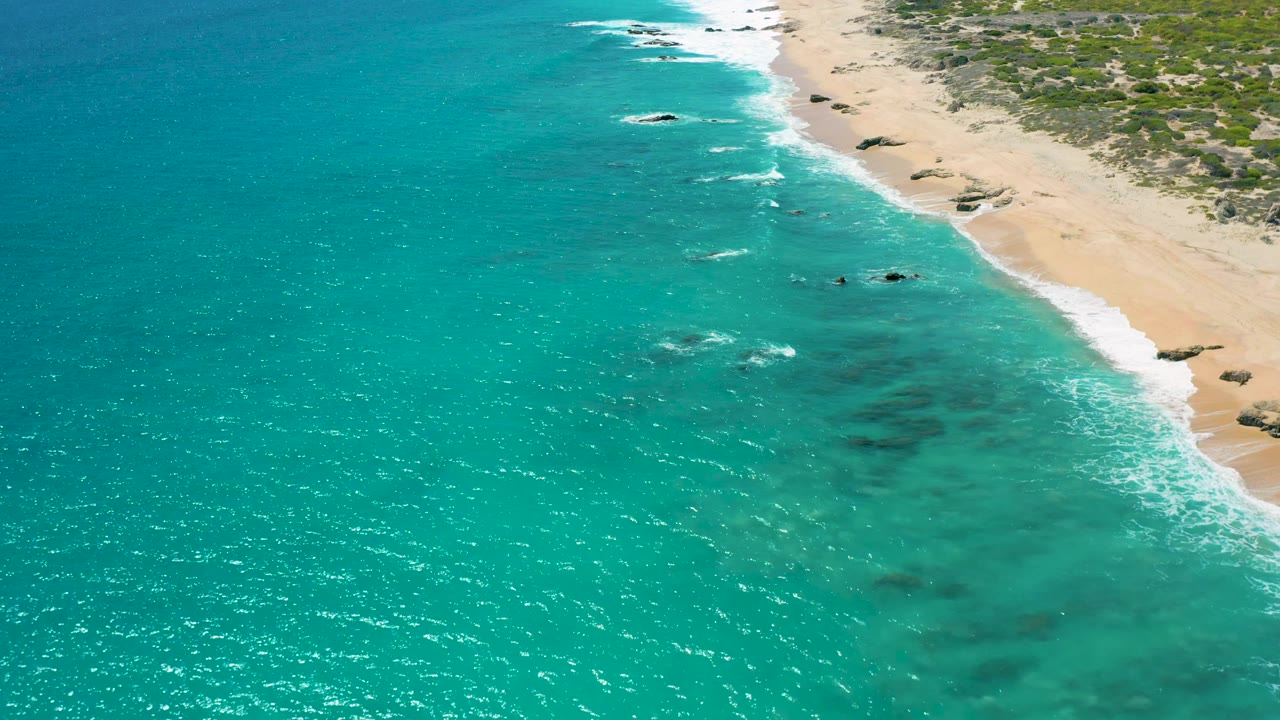 Mid-clip aerial view at El Cardoncito with the beach running diagonally through frame, white foam touching the sand, green vegetation beyond it, and no visible people.