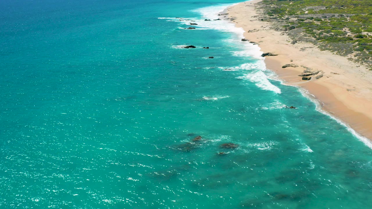 Aerial frame over El Cardoncito, Baja California Sur showing turquoise water, pale sand, white surf, scattered dark rocks, low coastal vegetation, and no visible people.