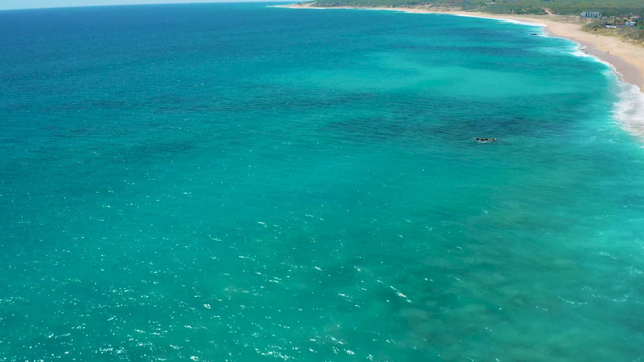 Aerial view of El Cardoncito water with a small dark offshore object near the right side, pale surf on the beach, and no visible people.