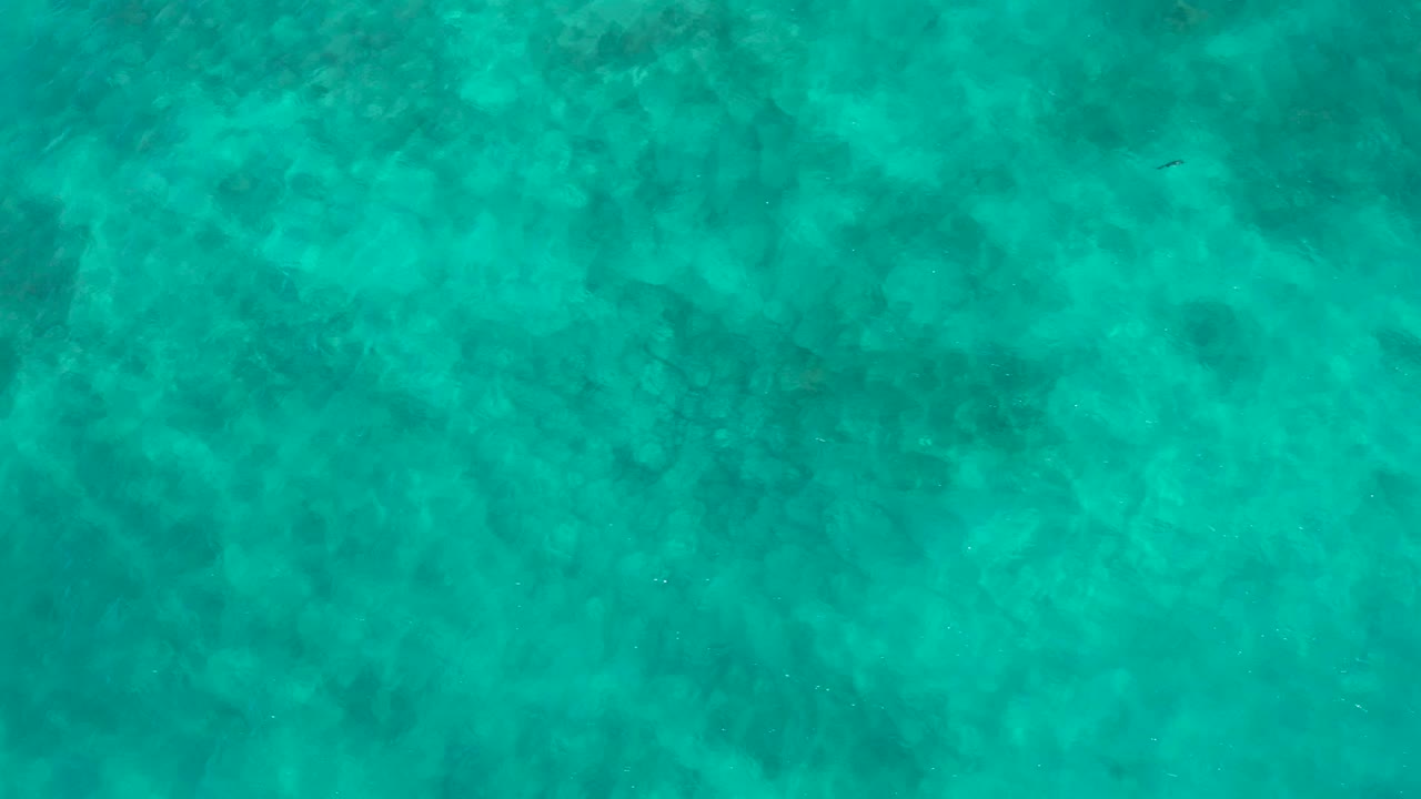 Overhead view of turquoise water in El Cardoncito, Baja California Sur, showing darker reef-like areas beneath the surface and no visible people.