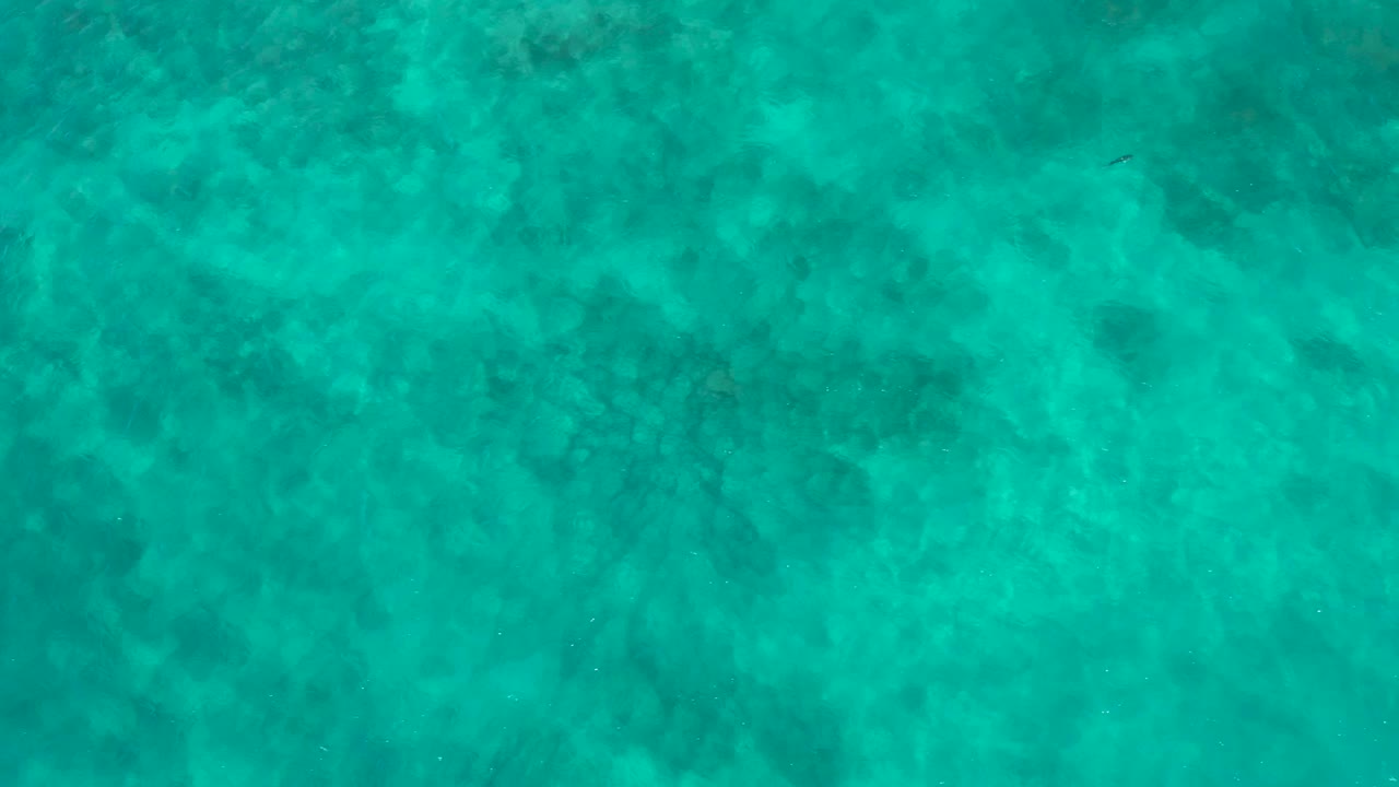 Top-down ocean view at El Cardoncito with clear cyan water, faint surface texture, and scattered darker seabed marks, with no visible people.