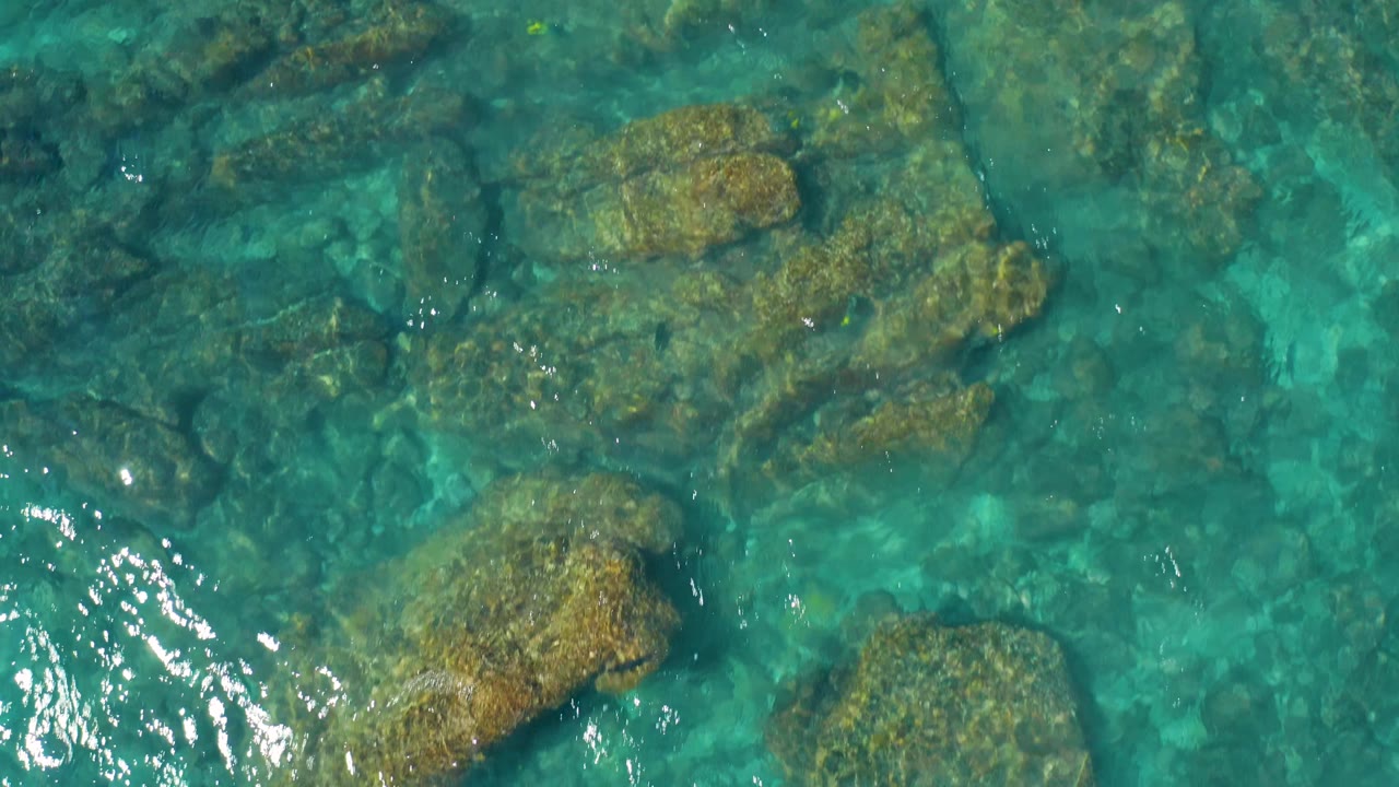 Overhead frame of transparent coastal water revealing clustered submerged rocks and darker patches beneath the surface, with no visible people.