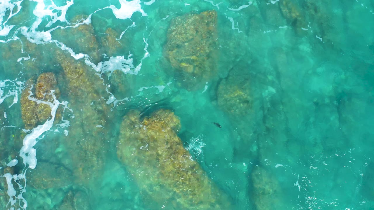 Clear turquoise shallows reveal uneven tan rock slabs at El Cardoncito, Baja California Sur, while white surf breaks across the top edge and no visible people appear.