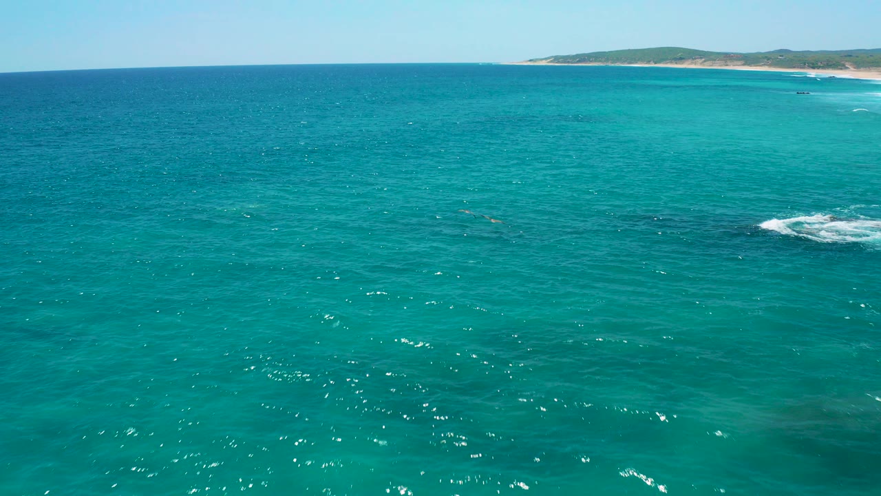 Aerial view of turquoise ocean with distant sandy coastline.