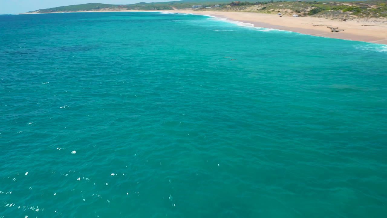 Turquoise ocean dominates the frame while a pale sand beach and scrub-covered dunes run across the top edge in El Cardoncito, with no visible people.