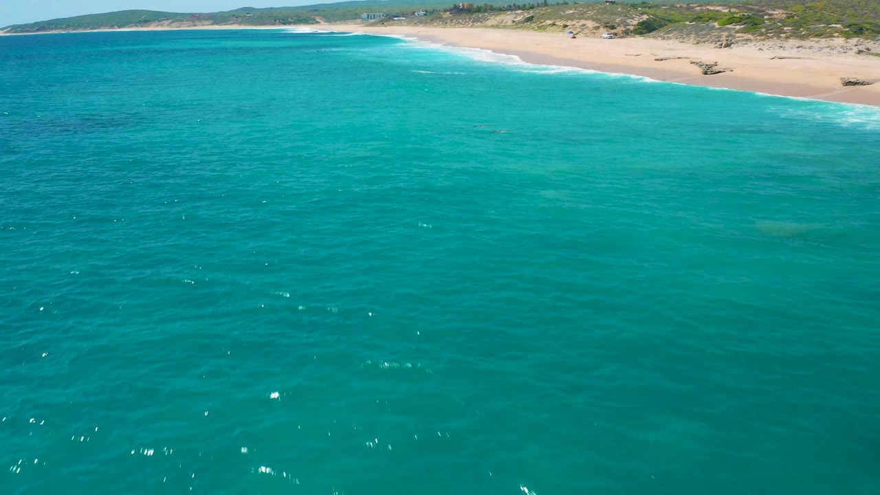 Wide aerial frame of clear turquoise water, a thin white surf edge, sandy beach, scrub vegetation, and low hills at El Cardoncito, with no visible people.