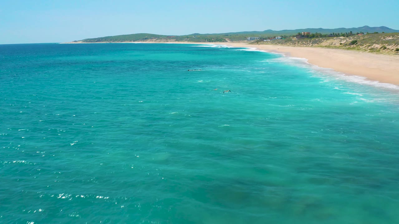 Wide aerial view of El Cardoncito, Baja California Sur, where turquoise water occupies the foreground, the beach curves along the right side, and low hills sit beyond the dunes with no visible people.