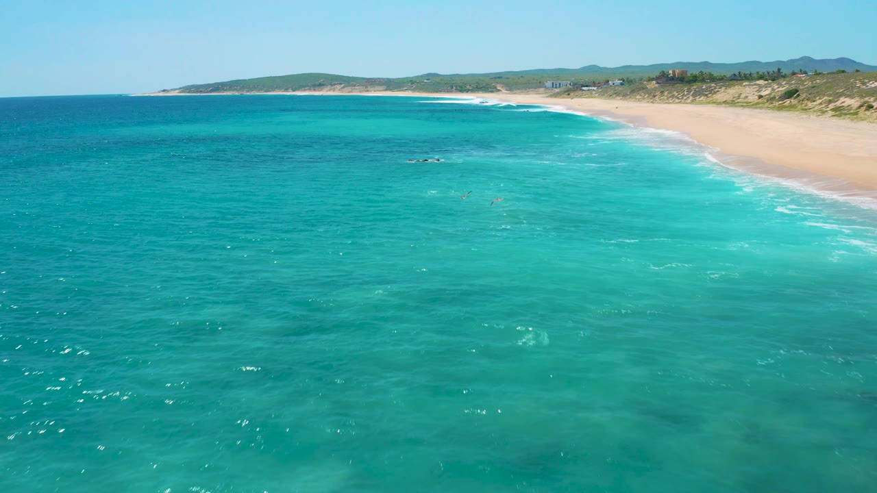 Aerial frame over rippled turquoise ocean at El Cardoncito, with a long sandy beach on the right, low vegetation behind it, distant hills across the horizon, and no visible people.