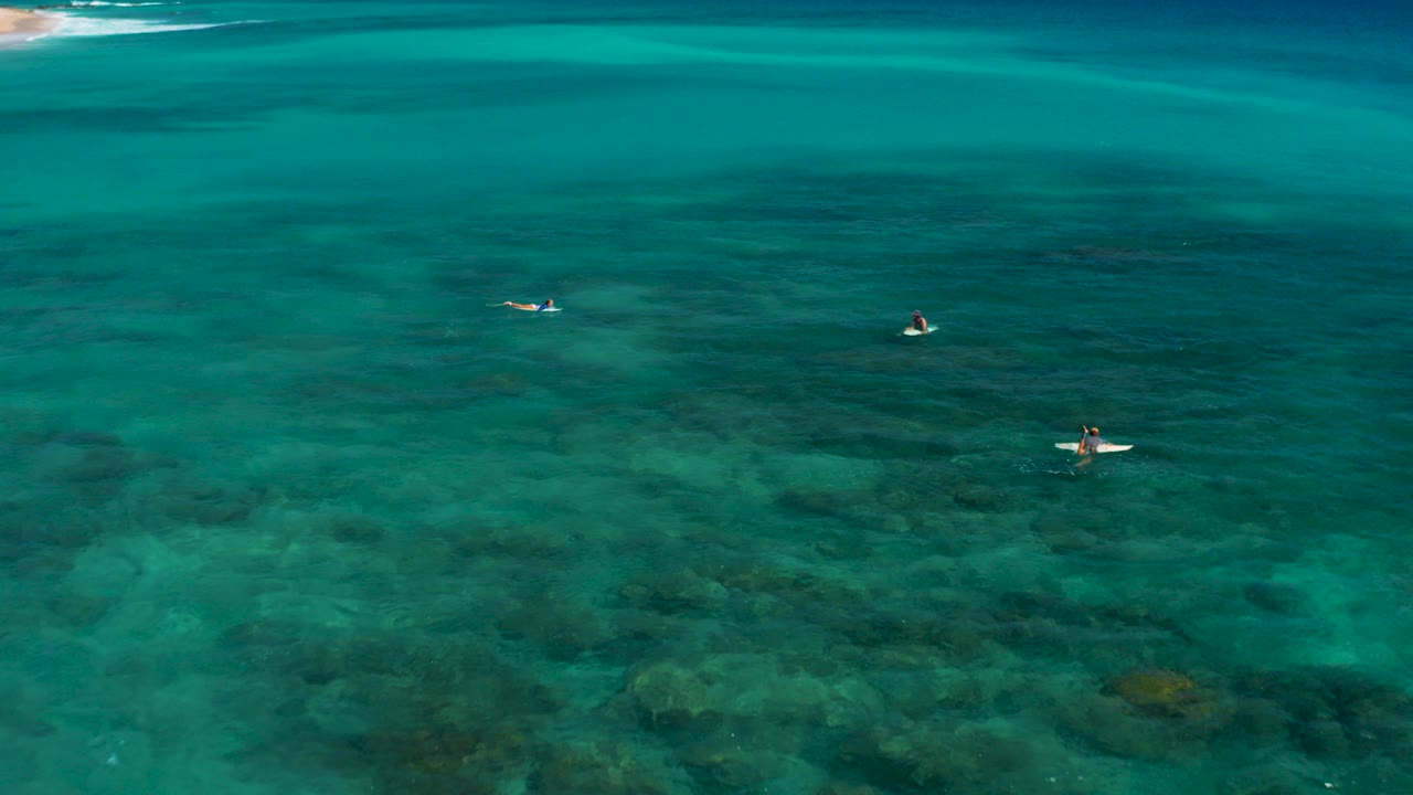 At 0:00, three surfers paddle across clear blue-green water in El Cardoncito, Baja California Sur, with dark reef patches visible below the surface.