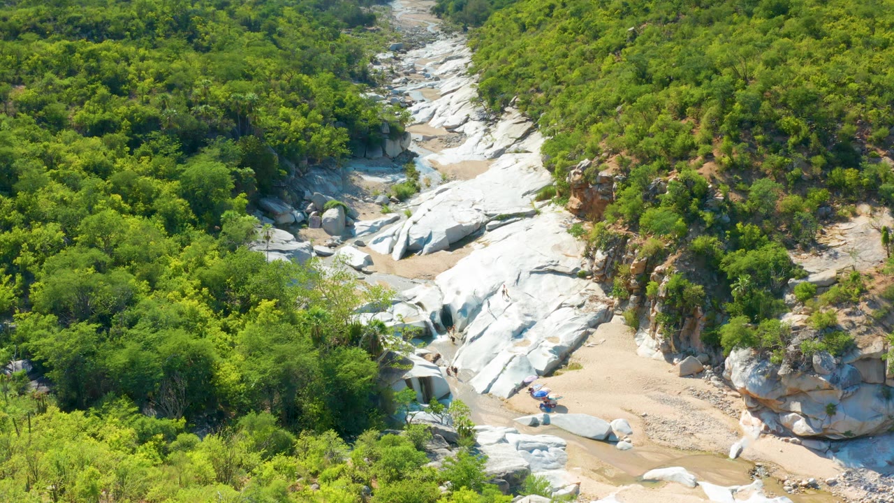 White bedrock channel bordered by dense green shrubs