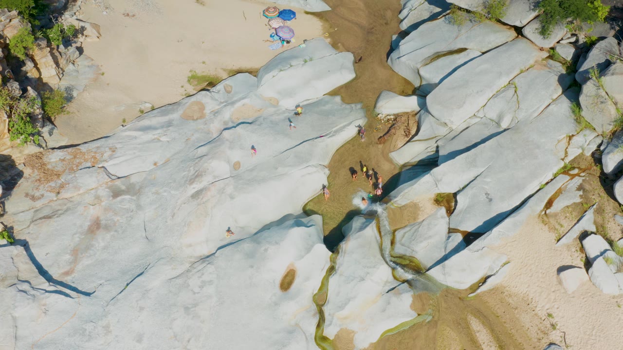 Top-down frame from La Palma, Baja California Sur with umbrellas on the sand, pale rock formations below, shallow water along the rocks, and scattered small visible people.