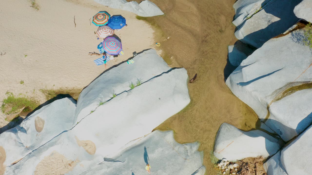 Top-down La Palma beach frame showing the umbrella group near the top of the sand, a tan shallow-water channel through the middle, and large white rocks on both sides.