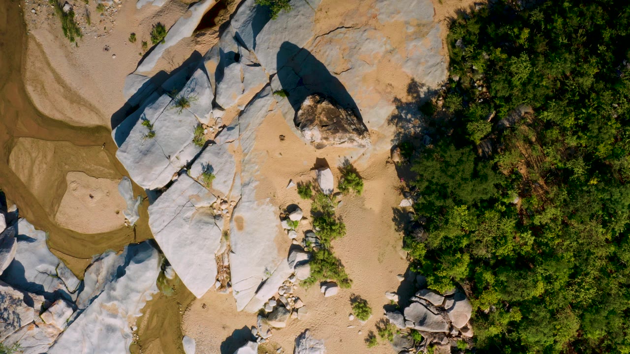Overhead frame from La Palma, Baja California Sur showing pale slate boulders beside beige sand, a shallow brown creek edge, dense green trees, and no visible people.