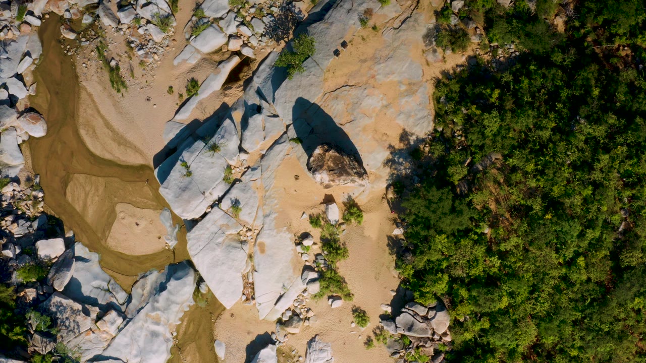 Overhead frame from La Palma, Baja California Sur showing pale rock slabs beside sandy ground, a brown water channel, dense green trees, and no visible people.