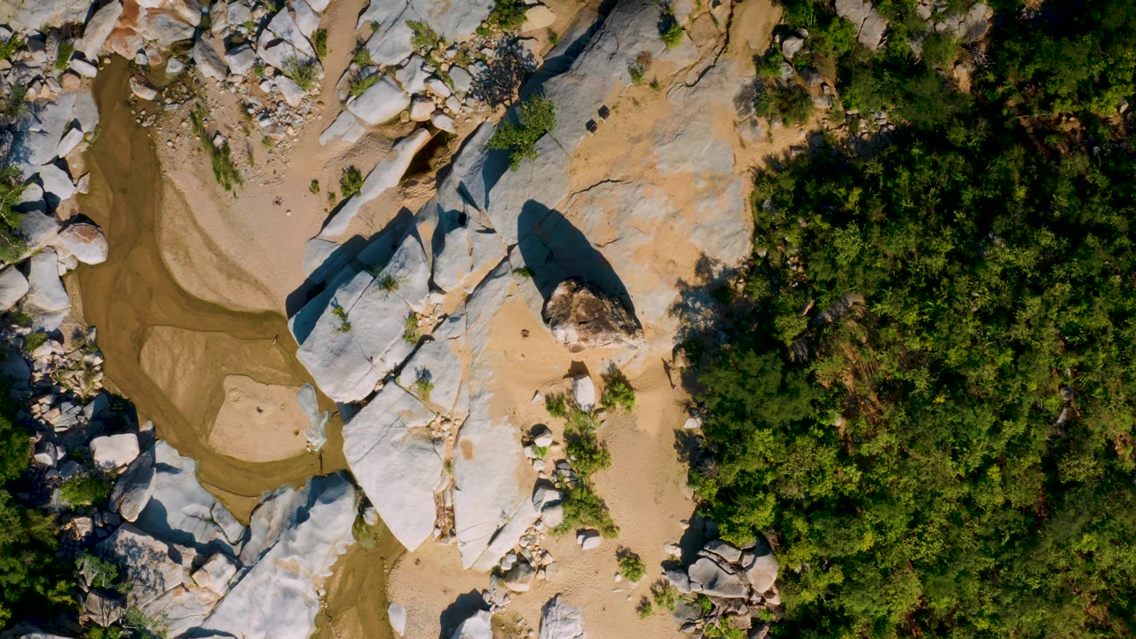 Overhead frame from La Palma, Baja California Sur with a rocky wash, sandy patches, a curved brown water strip, dense trees on the right, and no visible people.