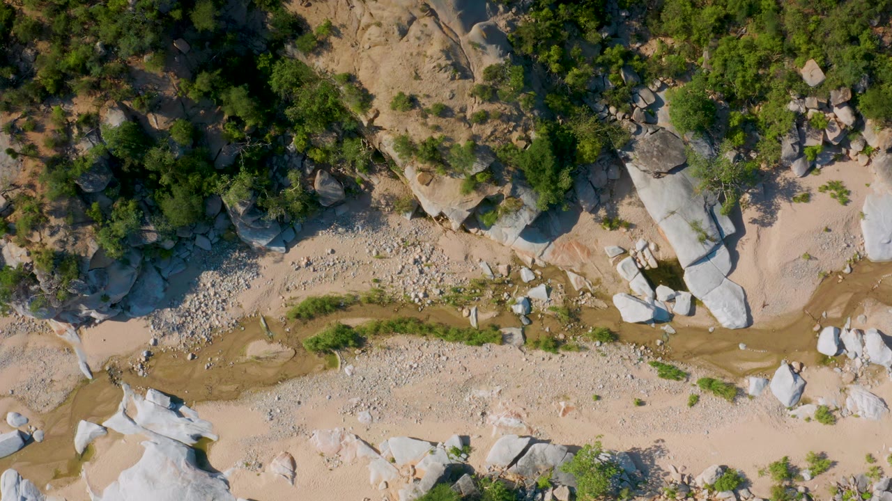 Top-down La Palma frame with the shallow sandy wash running across the middle, gravel bars, light-colored rock slabs, dense trees, and no visible people.