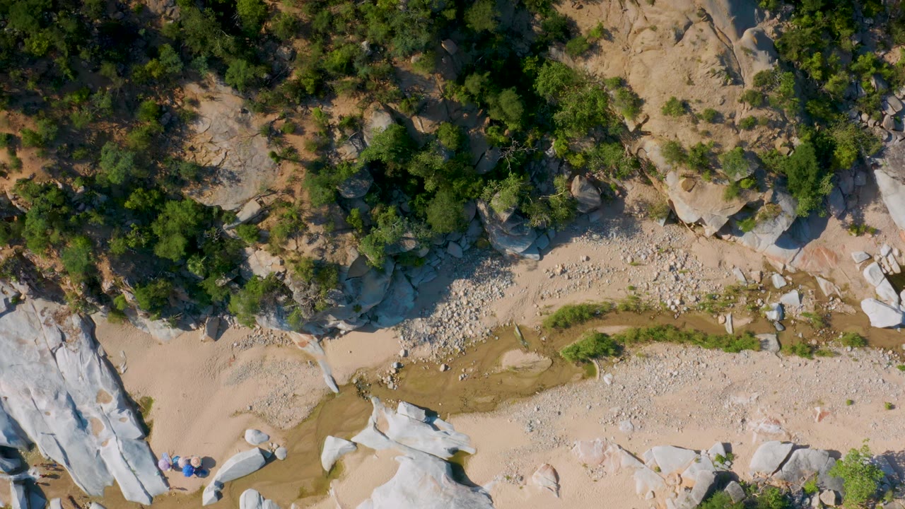 Top-down view in La Palma, Baja California Sur with a narrow sandy channel across the center, pale stone shelves below, thick green brush above, and no visible people.