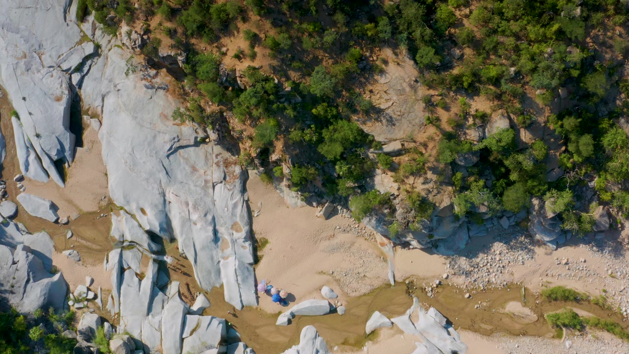 Top-down La Palma frame with a large pale rock face running vertically, sandy ground below it, green shrubs above it, and a narrow wet channel cutting through the wash.