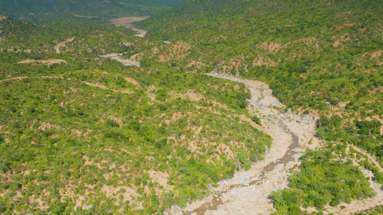 Aerial frame over La Palma, Baja California Sur showing a muddy winding road or wash cutting through green brush and pale rocky slopes, with no visible people.