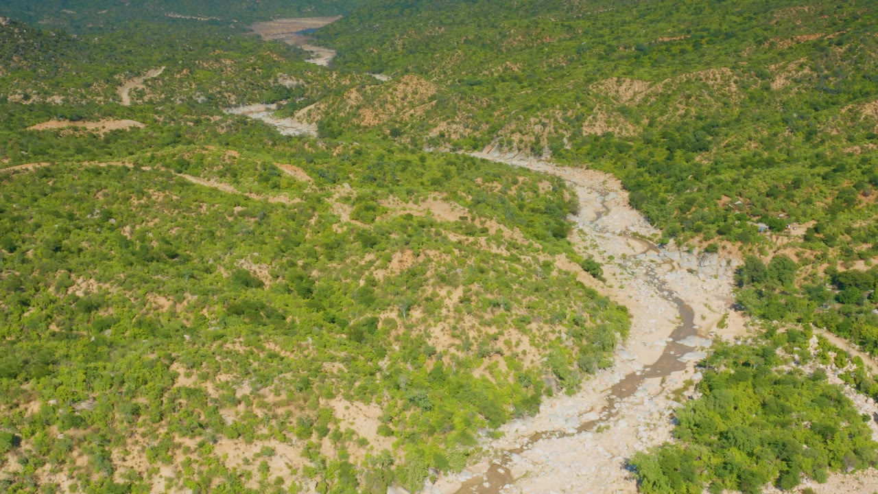 Aerial composition in La Palma, Baja California Sur looking across scrubby green hills where a muddy track bends through exposed pale ground, with no visible people.