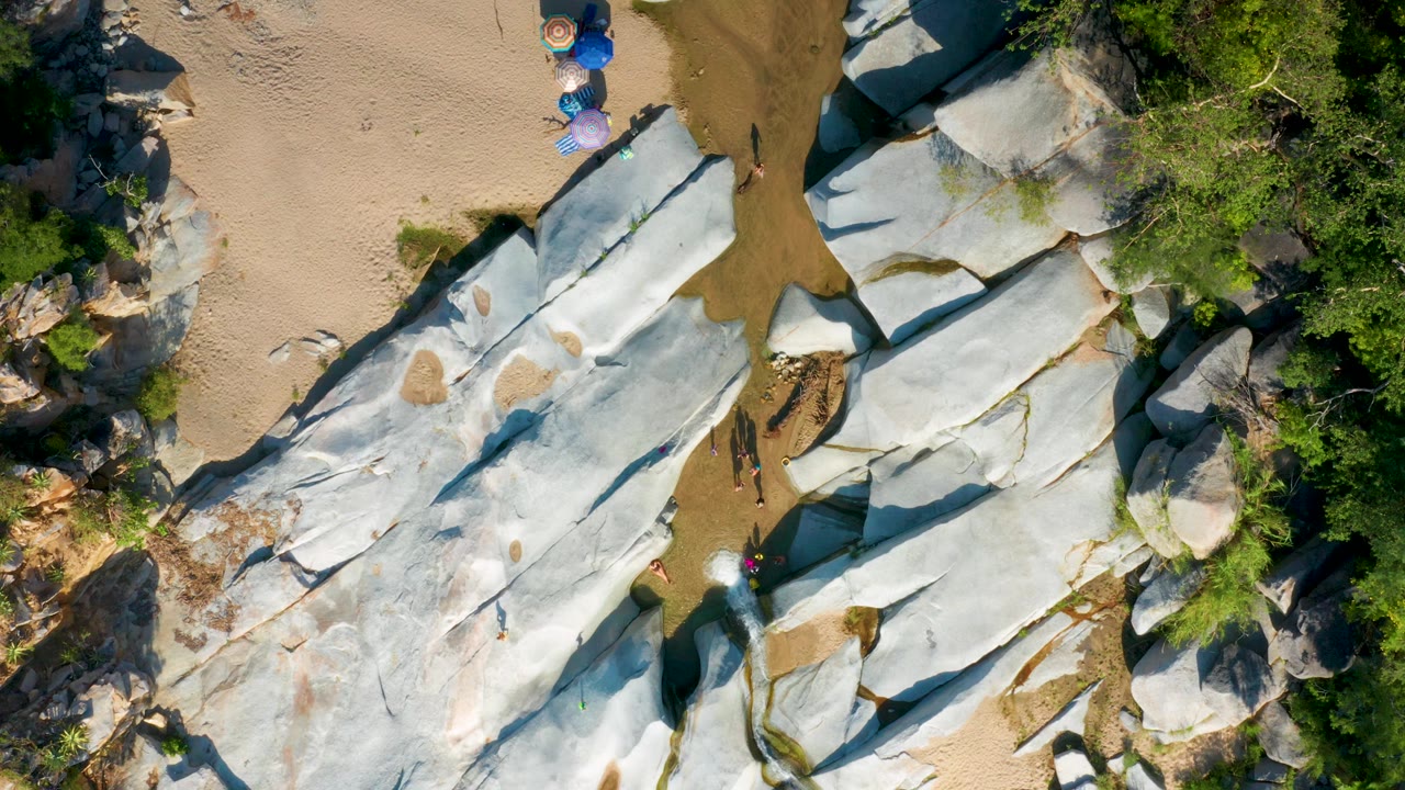 Overhead La Palma frame showing pale stone plates, tan sand at the top, dense green plants along the right edge, and tiny distant figures near the central rock passage.