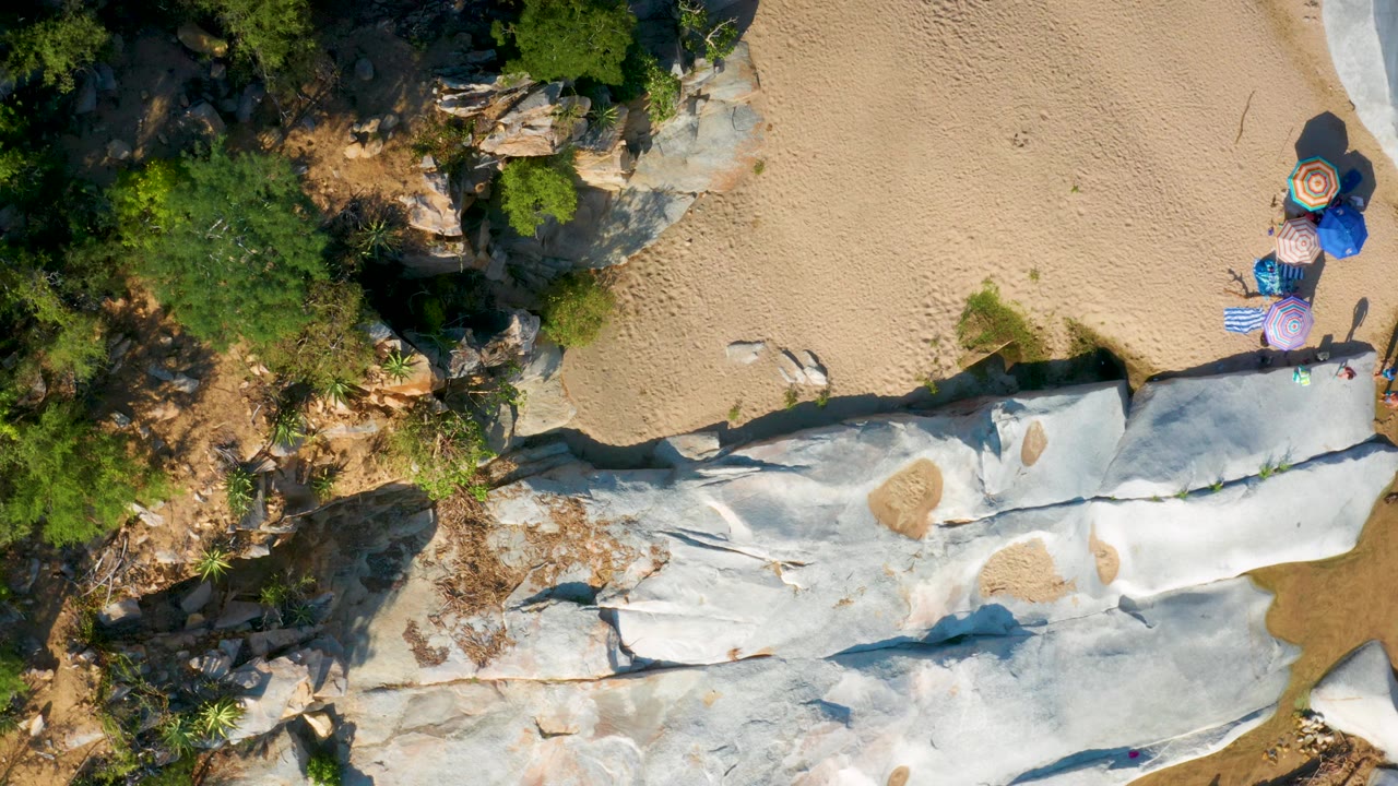 The La Palma aerial view shifts slightly with more tan sand visible above the pale rock and a small cluster of umbrellas pressed near the right edge.