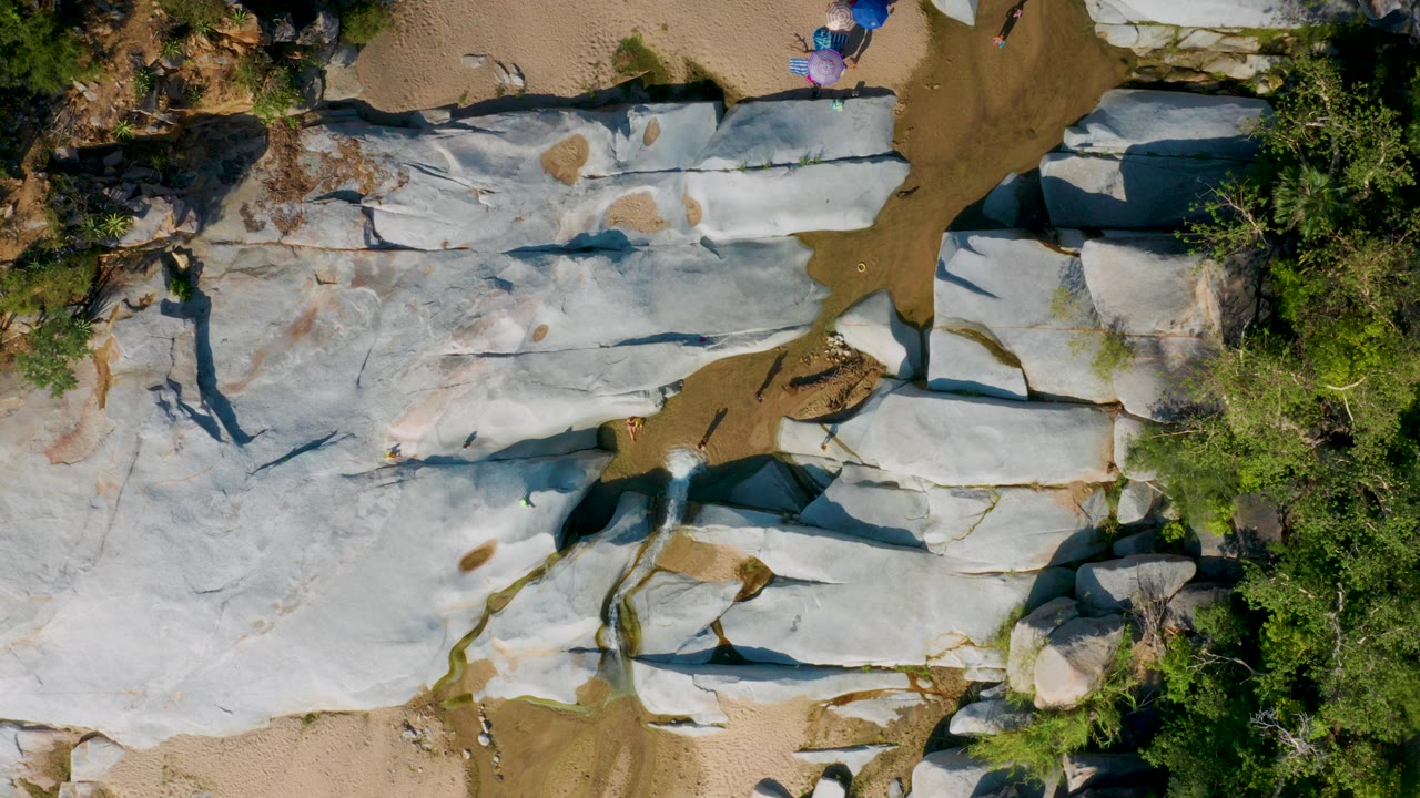 Overhead frame from La Palma, Baja California Sur showing pale rock slabs, tan sandy ground, green trees, and small people with bright umbrellas near the upper edge.