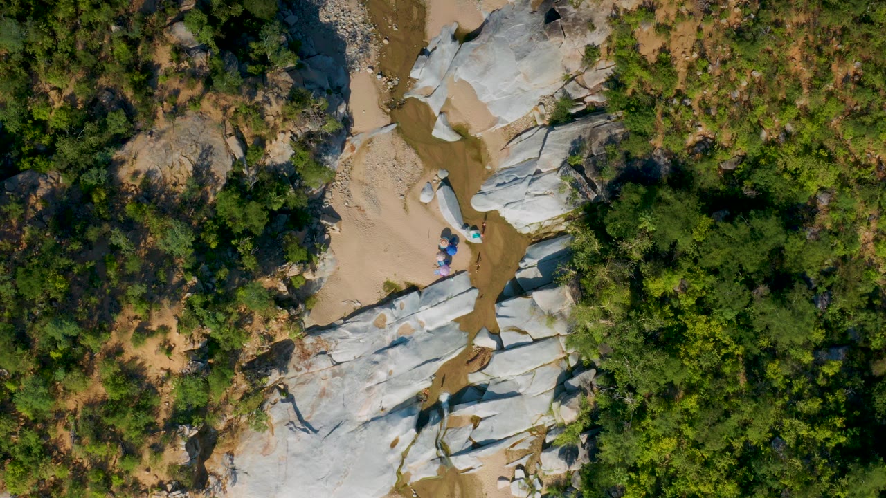 Top-down aerial frame from La Palma, Baja California Sur showing green forest, pale rock slabs, tan sand, and a narrow brown creek channel with no visible people.