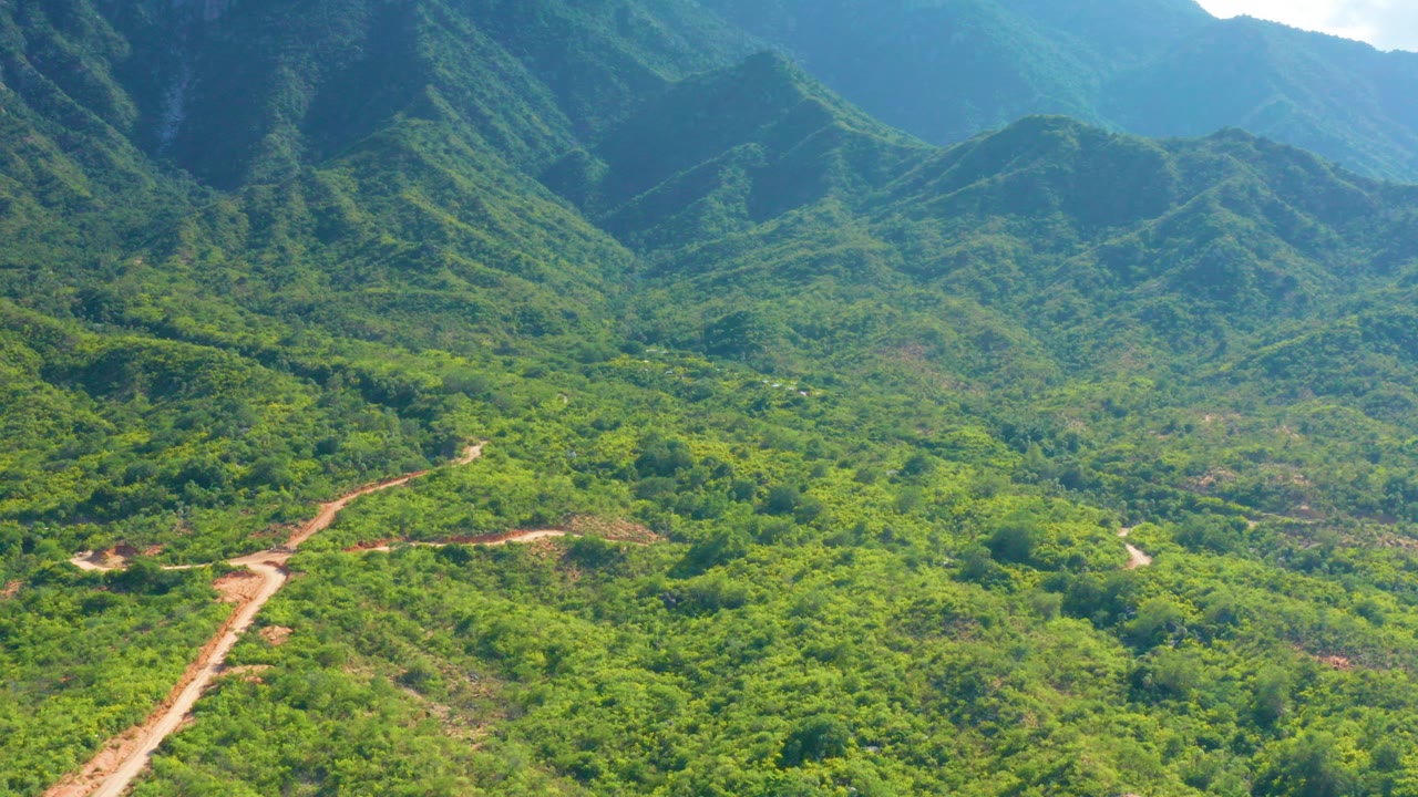 Aerial view over La Palma, Baja California Sur, showing a pale mud road entering from the lower left through green bushes and mountain slopes, with no visible people.