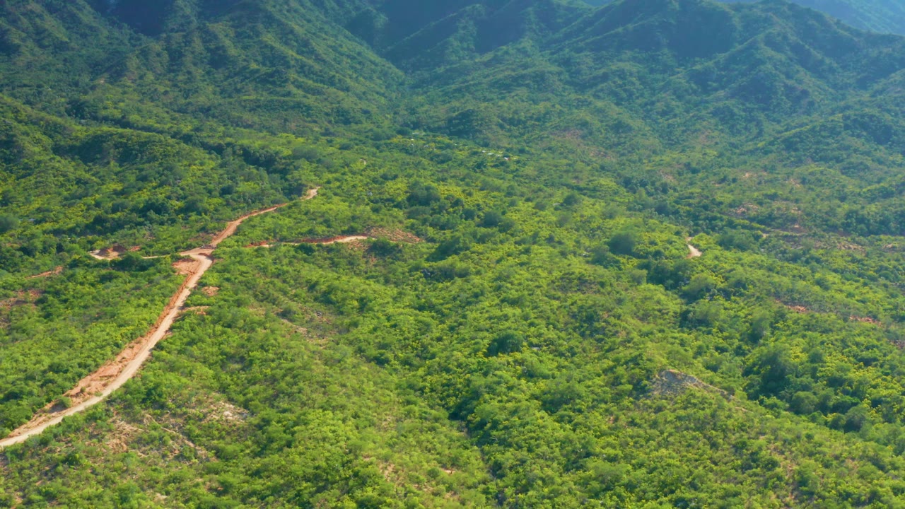 The aerial view near La Palma, Baja California Sur looks across sunlit green hills, a narrow dirt route, and blue-green mountain ridges, with no visible people.